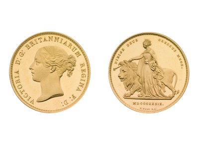 Motivo di Una e il leone, pezzo da £5 da William Wyon